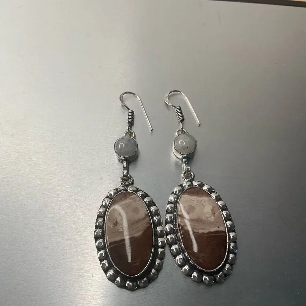 Vintage Brownie Jasper Rainbow‎ Moonstone Drop Dangle Earrings Jewelry 2.48